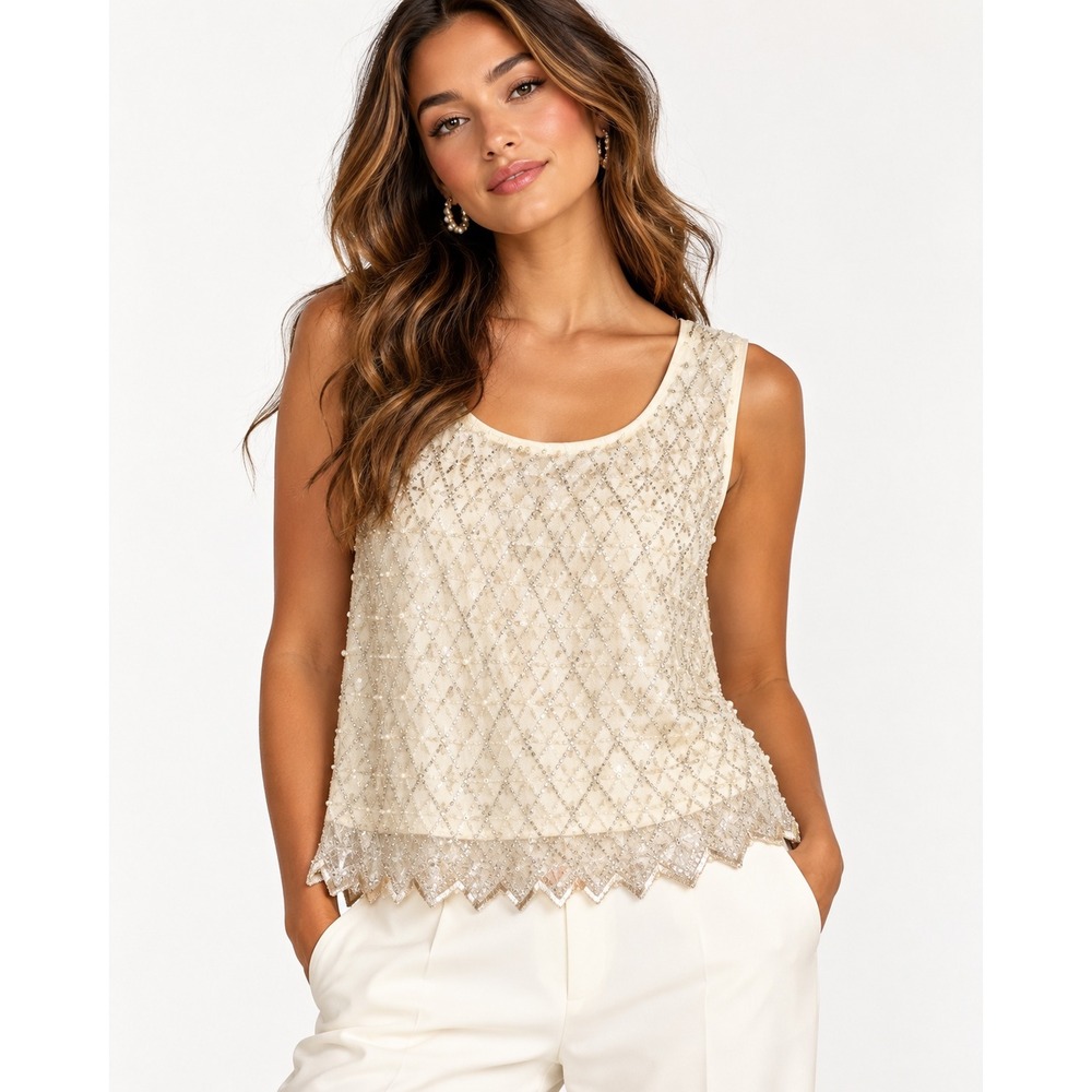 Adrianna Papell Ivory Beaded Sequin Tank Top Fairycore Glam Formal Partywear XL